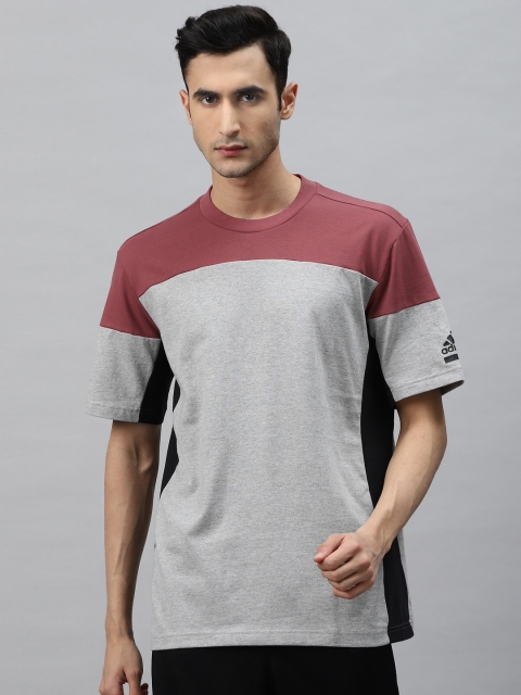 

ADIDAS Men Grey Melange Rust Red ZNE Pure Cotton Colourblocked Pure Cotton T-shirt
