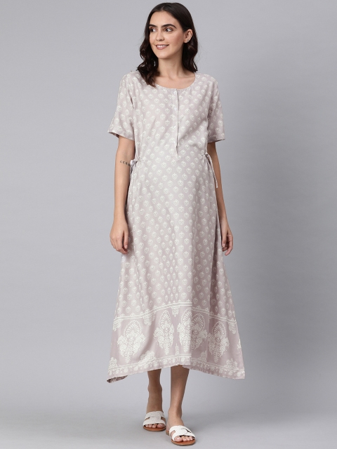

Nejo Women Grey & Beige Print ALine Maternity Dress With Front Open Nursing Access