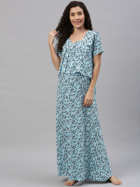 

Nejo Women White & Blue Floral Printed Layered Feeding Maxi Nightdress