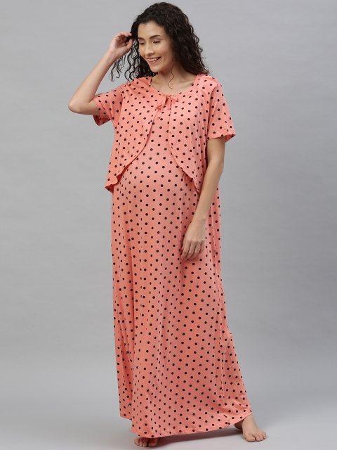 

Nejo Women Peach-Coloured & Black Polka Printed Layered Feeding Maxi Nightdress