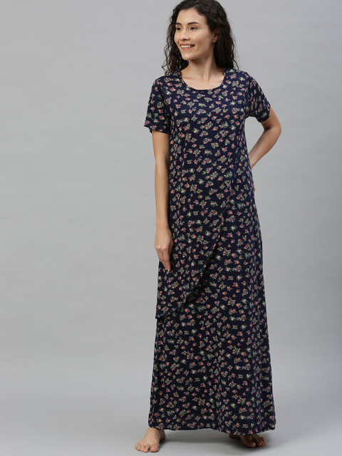 

Nejo Navy Blue & Green Printed Feeding Nightdress