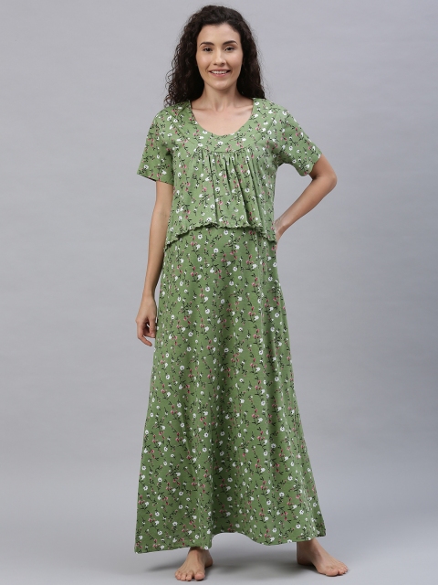 

Nejo Women Olive Green & White Floral Printed Layered Feeding Maxi Nightdress