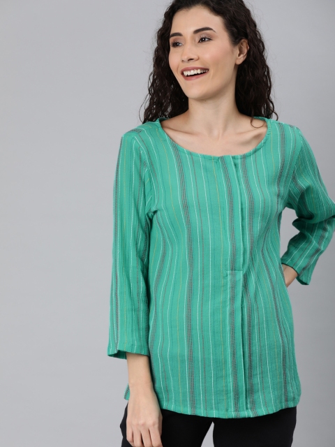 

Nejo Women Green & Red Self-Striped Maternity & Nursing Woven Top