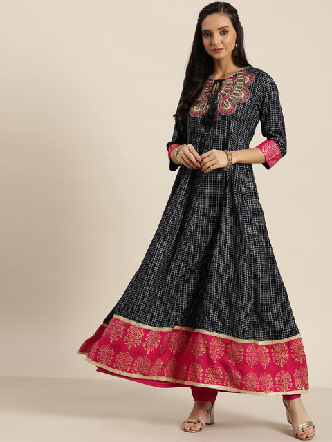 

Moda Rapido Women Navy Blue & White Checked Anarkali Kurta with Solid Trousers