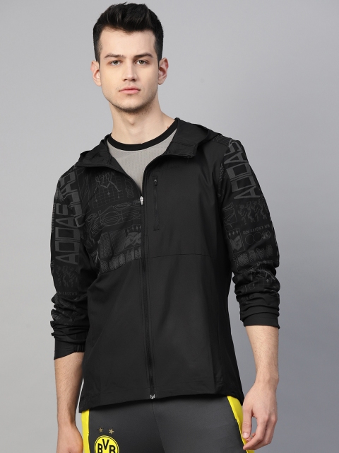 

ADIDAS Men Black & Grey Printed Slim Fit Running Own The Run Hooded Sporty Jacket