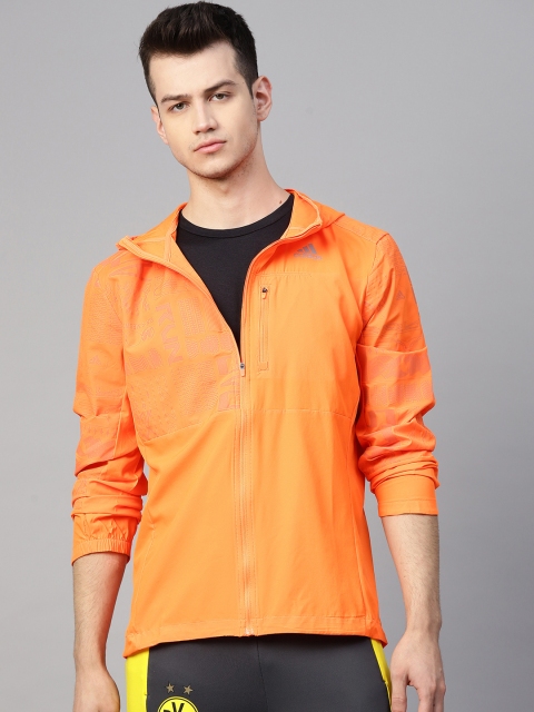 

ADIDAS Men Neon Orange Printed Slim Fit Own The Run Hooded Sporty Jacket