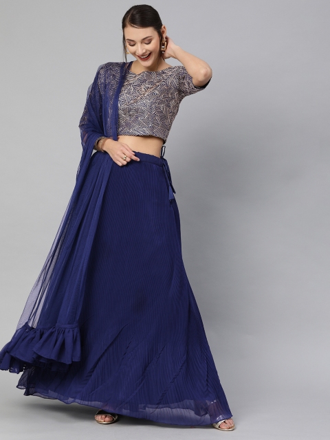 

Mitera Navy Blue Embroidered Semi-Stitched Lehenga & Blouse with Dupatta