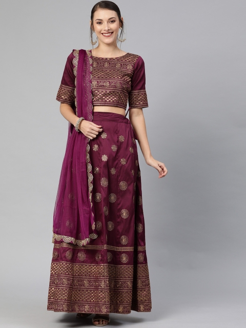 

Mitera Magenta Pink & Gold-Toned Semi-Stitched Lehenga & Unstitched Blouse with Dupatta