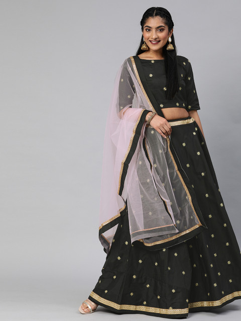 

Mitera Black & Golden Embroidered Semi-Stitched Lehenga & Unstitched Blouse with Dupatta