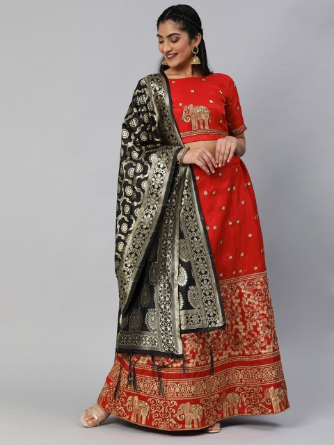 

Mitera Red & Gold-Toned Embroidered Semi-Stitched Lehenga & Blouse with Dupatta