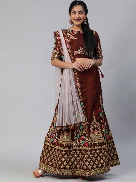 

Mitera Maroon & Gold-Toned Embroidered Semi-Stitched Lehenga & Blouse with Dupatta