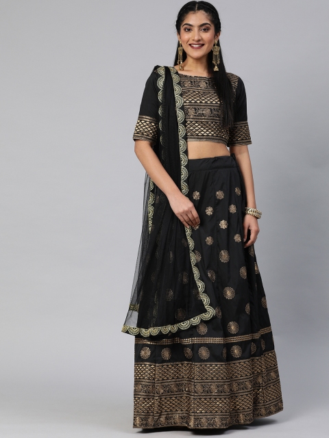 

Mitera Black & Gold-Toned Semi-Stitched Lehenga & Unstitched Blouse with Dupatta