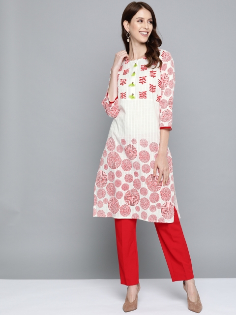 

HERE&NOW Women White & Red Geometric Print Straight Kurta