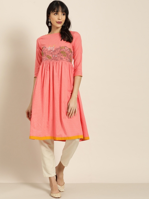 

Moda Rapido Women Pink Striped Styled Back A-Line Kurta