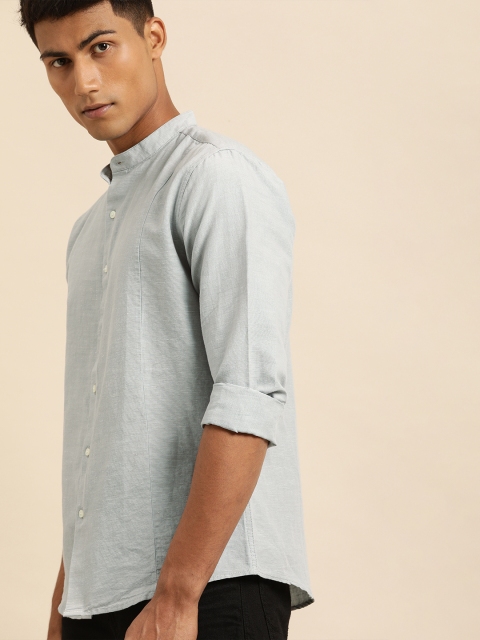 

ether Men Grey Regular Fit Solid Cotton Linen Casual Shirt