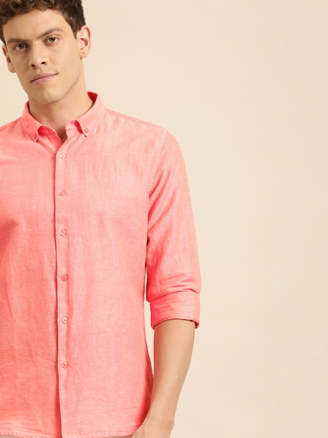 

ether Men Pink Regular Fit Solid Cotton Linen Casual Shirt