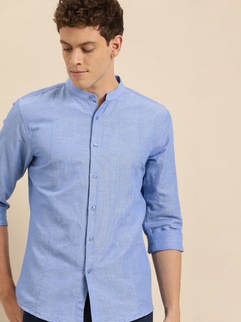 

ether Men Blue Regular Fit Solid Cotton Linen Casual Shirt