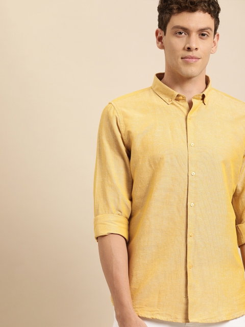 ether Men Yellow Regular Fit Solid Cotton Linen Casual Shirt