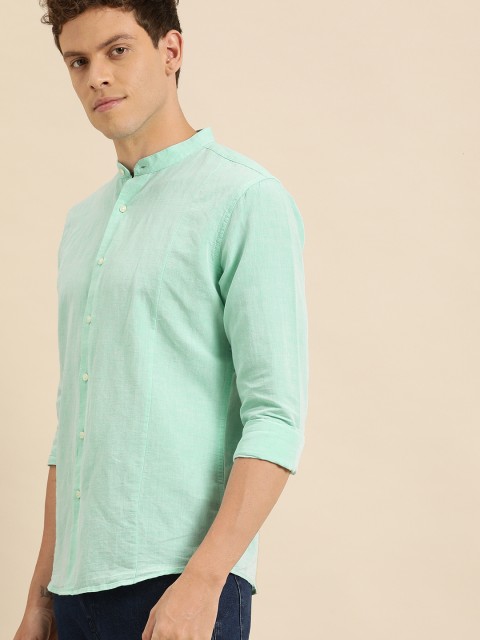 

ether Men Green Regular Fit Solid Cotton Linen Casual Shirt