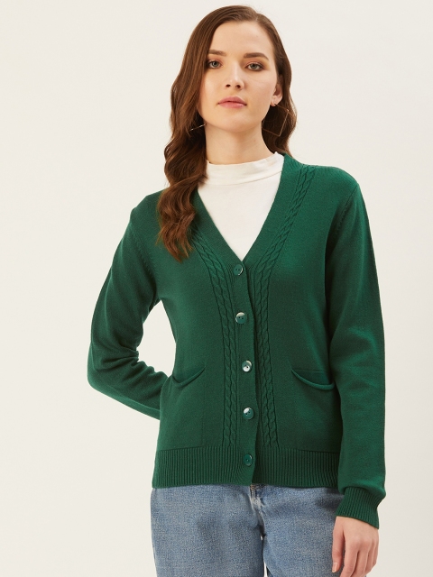 

Madame Women Green Solid Cardigan with Cable Knit Detail