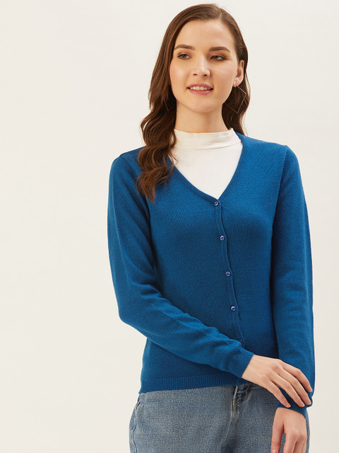 

Madame Women Teal Blue Solid Cardigan