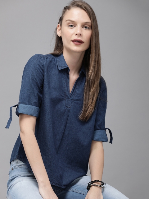 

Roadster Women Navy Blue Solid Shirt Style Denim Top