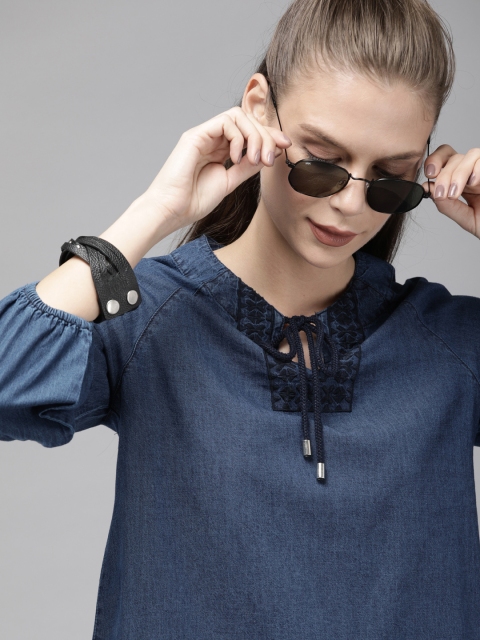 

Roadster Women Blue Solid Chambray Denim Pure Cotton Top