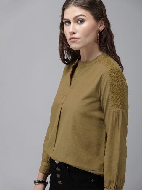 

Roadster Khaki Mandarin Collar Puff Sleeves Embroidered Shirt Style Top