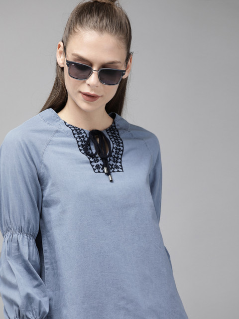 

Roadster Women Blue Pure Cotton Top with Embroidered Detail