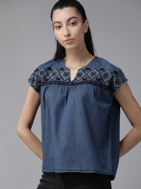 

Roadster Navy Blue Embroidered Pure Cotton Chambray Regular Top