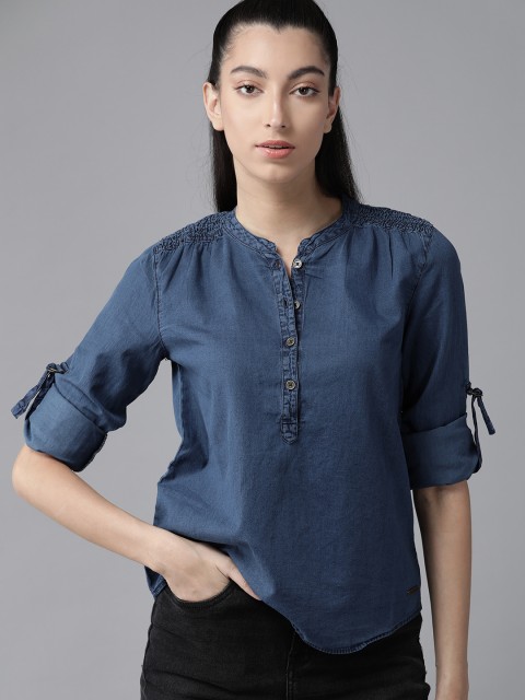 

Roadster Navy Blue Roll-up Sleeves Pure Cotton Chambray Shirt Style Top
