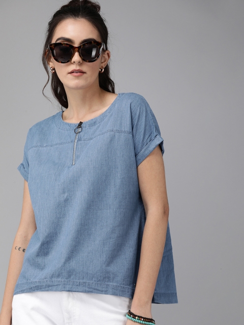 

Roadster Women Blue Solid Top with Zip Detailing