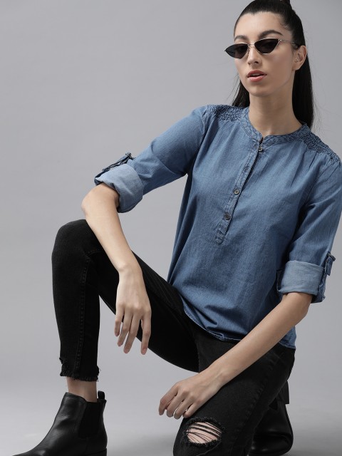 

Roadster Blue Roll-up Sleeves Smocked Pure Cotton Chambray Shirt Style Top