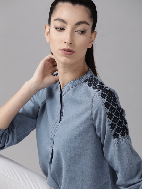 

Roadster Blue Mandarin Collar Pure Cotton Indigo Denim Shirt Style Top