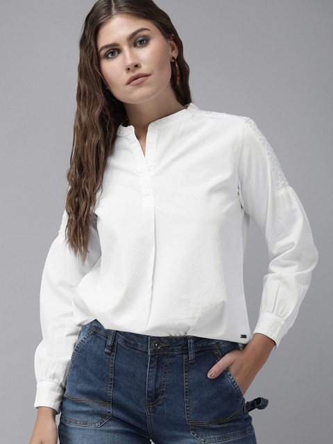 

Roadster White Mandarin Collar Puff Sleeves Pure Cotton Embroidered Shirt Style Top