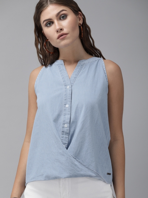 

Roadster Blue Mandarin Collar Indigo Pure Cotton Denim Shirt Style Top