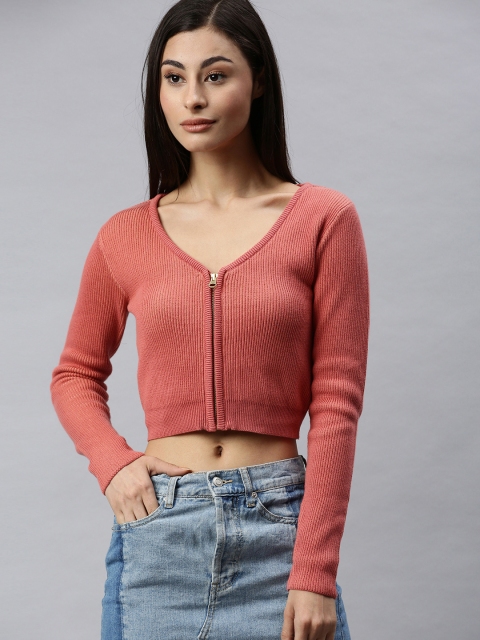 

ONLY Women Coral Ribbed Front-Open Crop Sweater