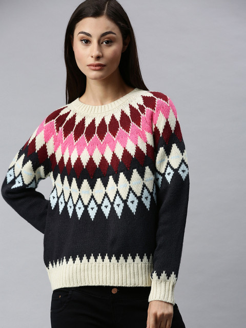 

ONLY Women White & Navy Blue Colourblocked Pullover Sweater