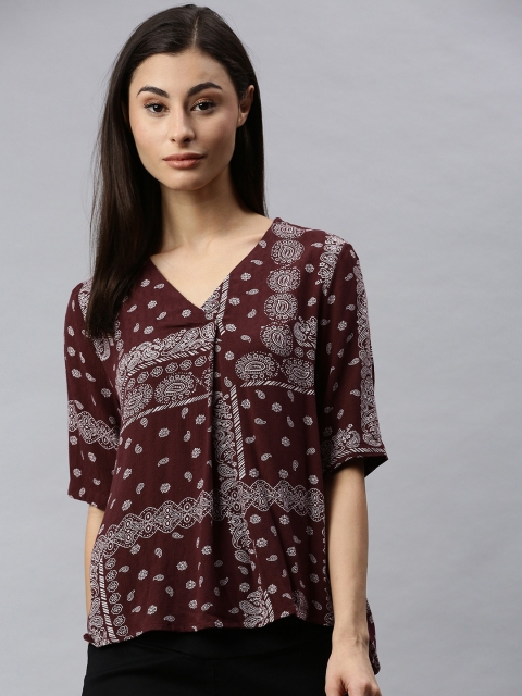 

ONLY Women Burgundy & White Ethnic Printed High-Low Top