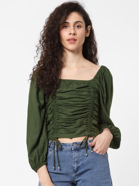 

ONLY Women Green Solid Smocked Detail Regular Crop Top