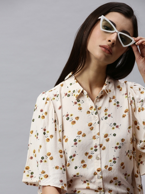 

ONLY Women Cream-Coloured & Mustard Yellow Regular Fit Floral Printed Casual Shirt