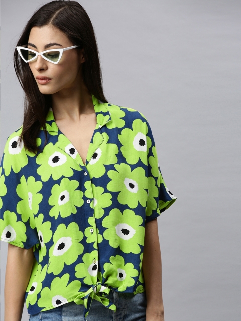 

ONLY Women Navy Blue & Lime Green Regular Fit Tropical Printed Casual Shirt