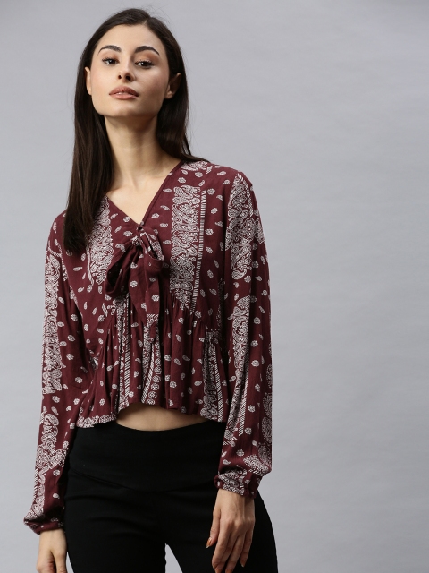 

ONLY Women Burgundy & White Printed A-Line Top with Gathered Detail