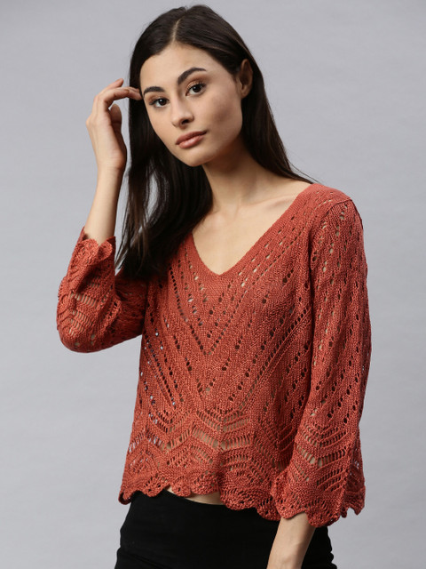 

ONLY Women Rust Self Design Pullover Sweater