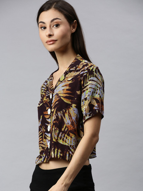 

ONLY Women Black & Green Boxy Tropical Printed Casual Shirt