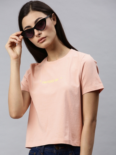 

ONLY Women Pink Solid Round Neck Crop Pure Cotton T-shirt with Printed Detail