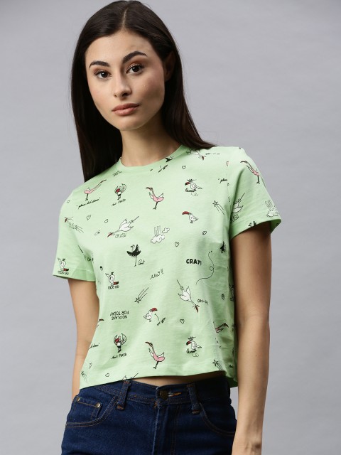 

ONLY Women Green Black Printed Round Neck Crop Pure Cotton T-shirt