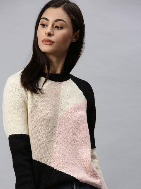 

ONLY Women Black Colourblocked Pullover Sweater