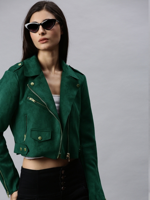 

ONLY Women Green Solid Biker Jacket