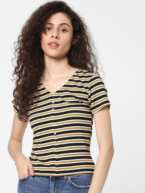 

ONLY Women White Striped V-Neck T-shirt